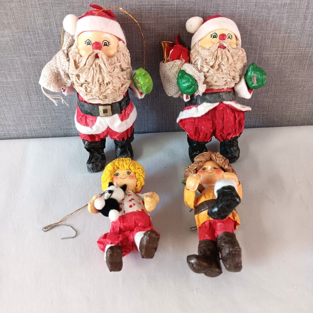 Vintage Paper Mache Christmas Ornaments Set‎ 4 Santa Elf Folk Art Figures Retro